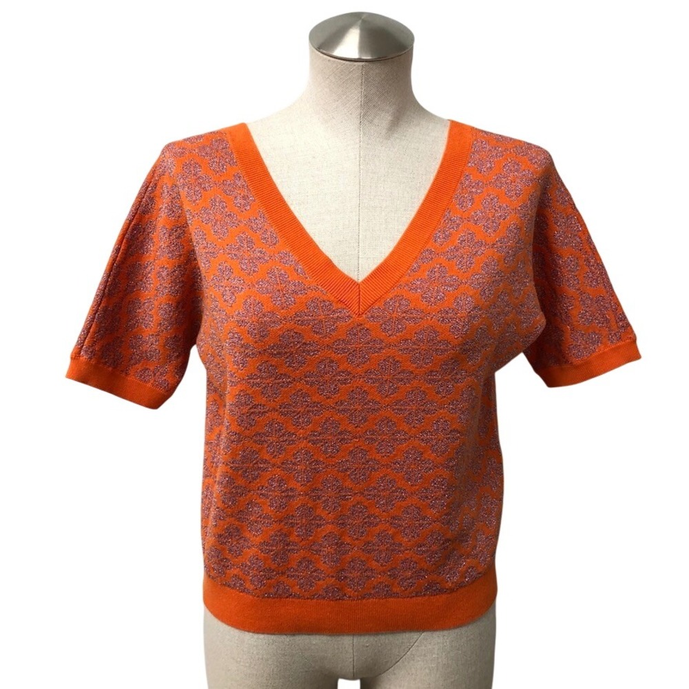 Kate Spade Sweater Womens Medium Orange Pink Metallic Floral V-Neck Short Sleeve
